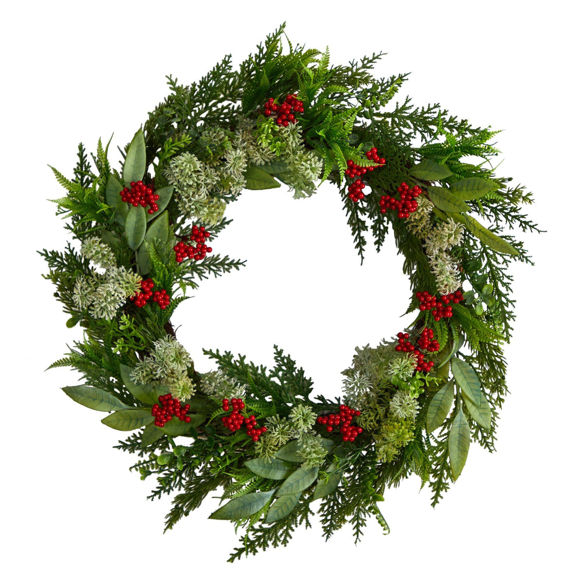 a wreath with red berries and leaves