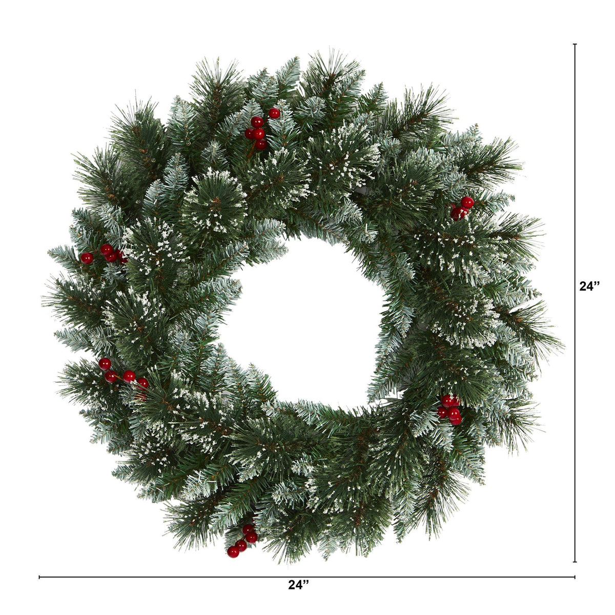 a wreath with red berries and snow on it