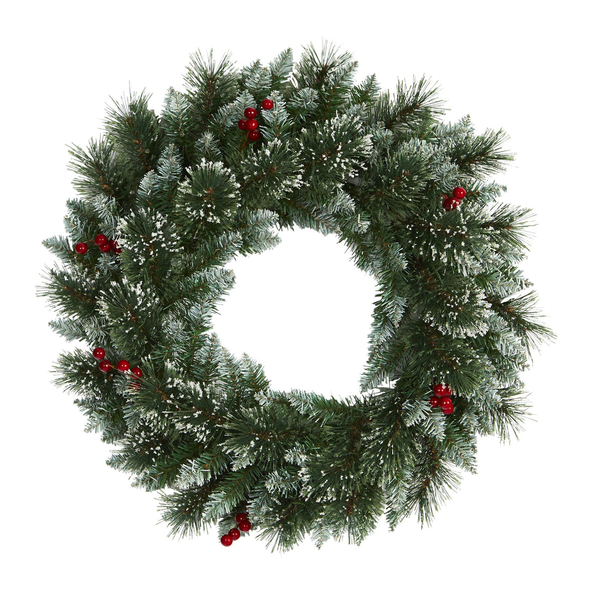 a wreath with snow and berries