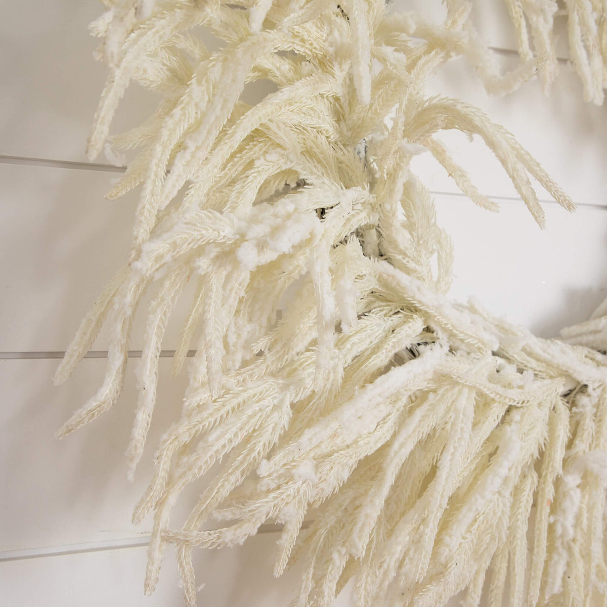 a white feathered wreath on a white wall