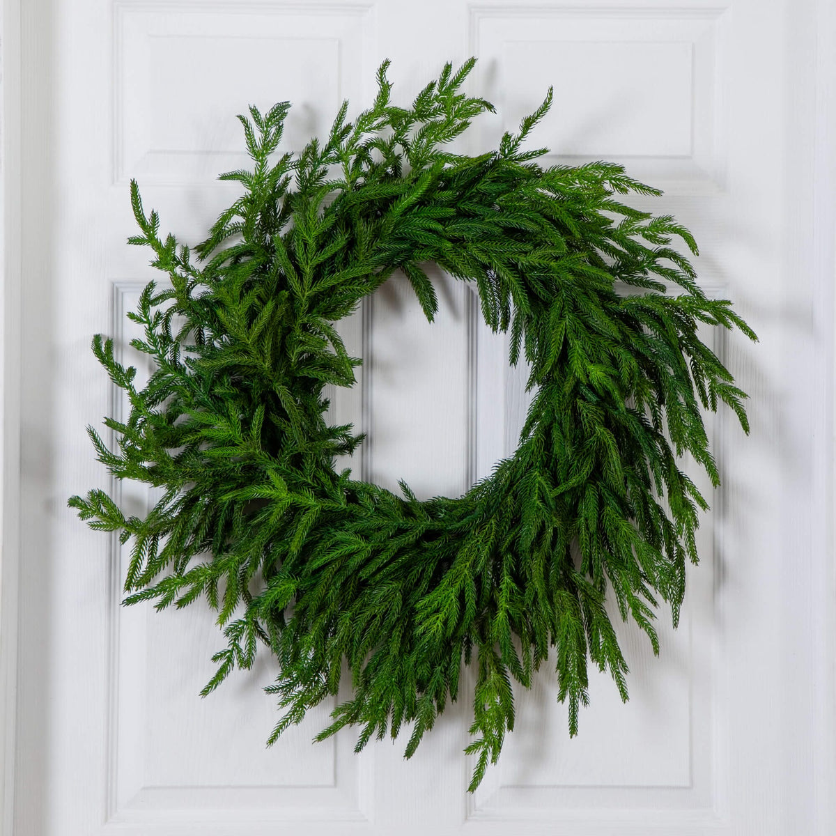 a green wreath on a white door