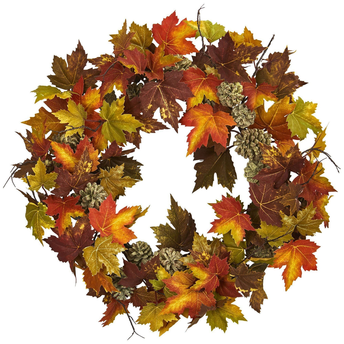 a wreath of leaves and cones