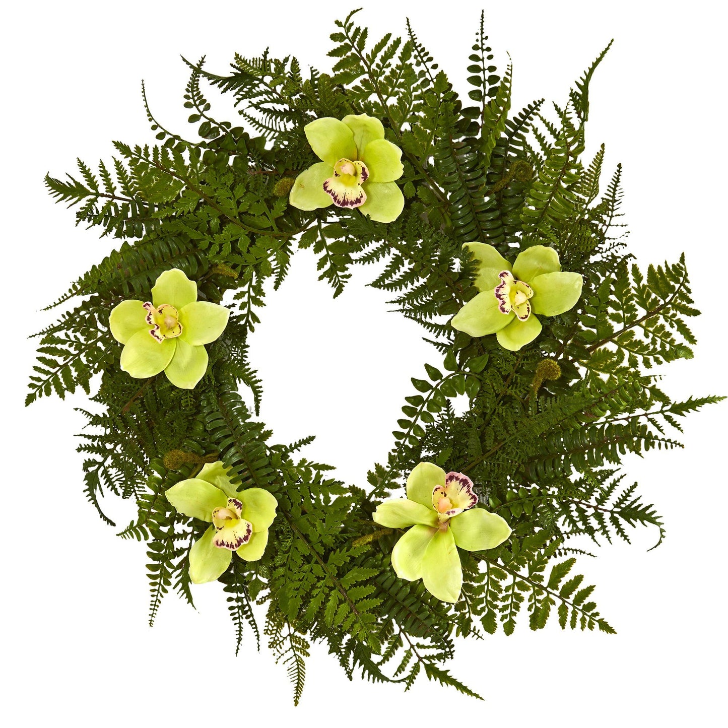 24” Cymbidium Orchid and Mixed Fern Artificial Wreath
