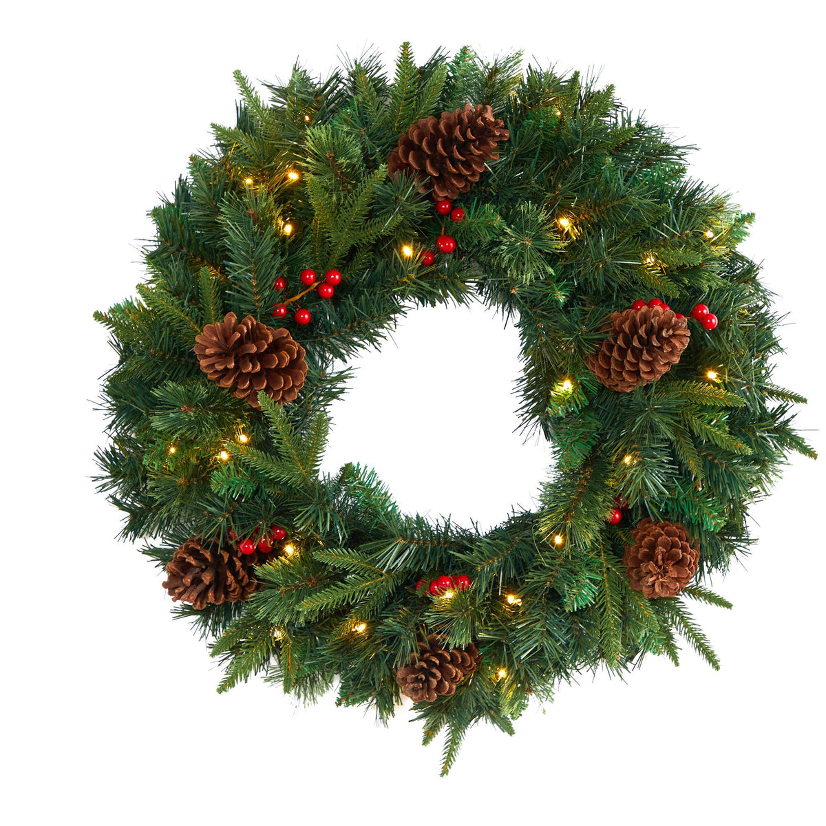 a wreath with lights and pine cones
