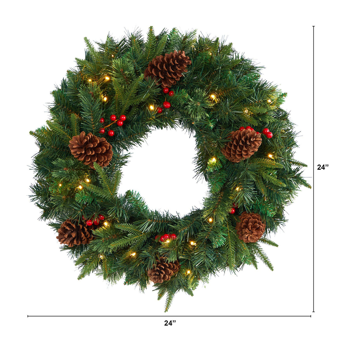 a wreath with lights and pine cones