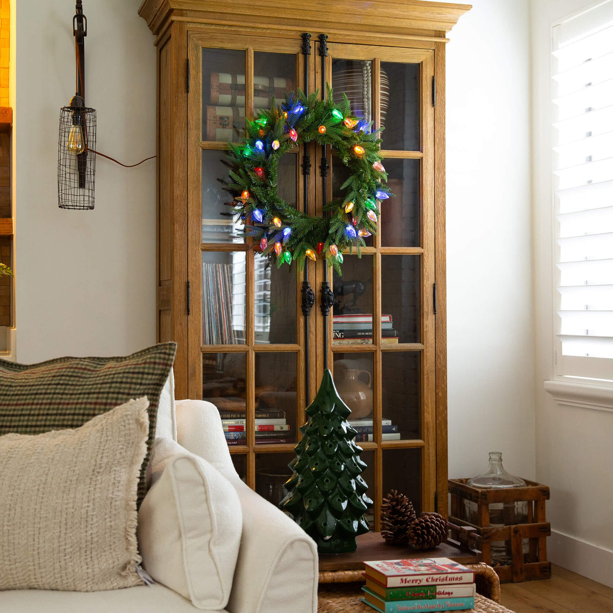 a wreath on a shelf in a room