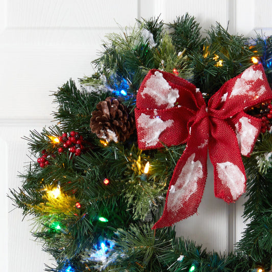 24” Snow Tipped Berry and Pinecone Artificial Wreath with Bow and 50 Multi-Colored LED Lights