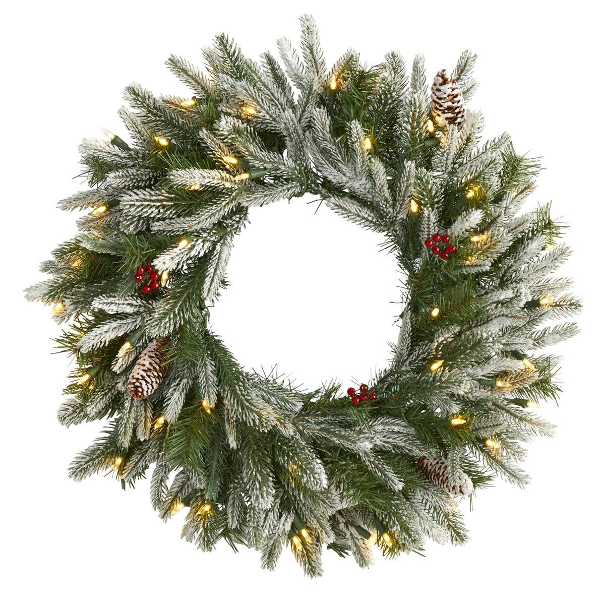 a wreath with lights and pine cones