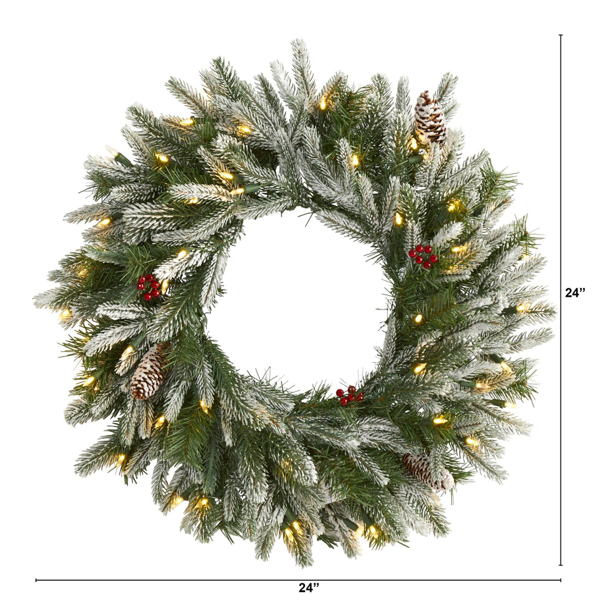 a wreath with lights and pine cones