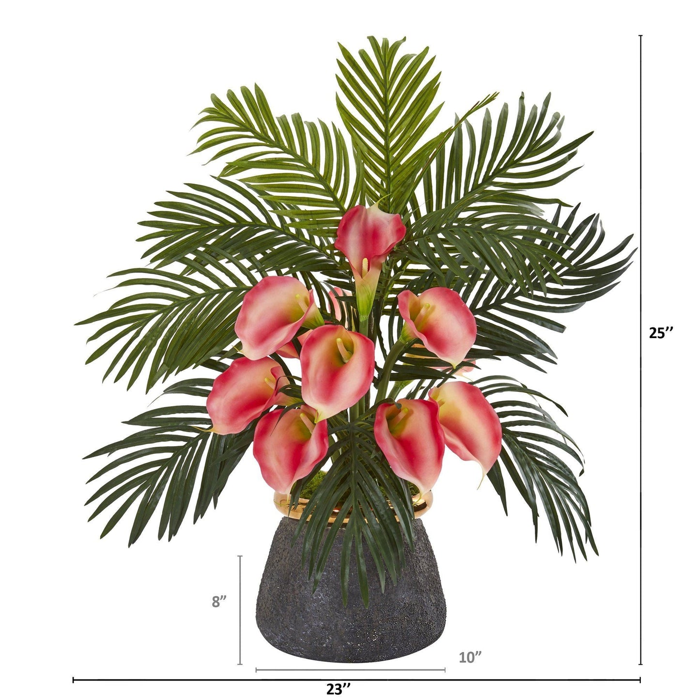 25” Calla Lilly and Areca Palm Arrangement in Stoneware Vase
