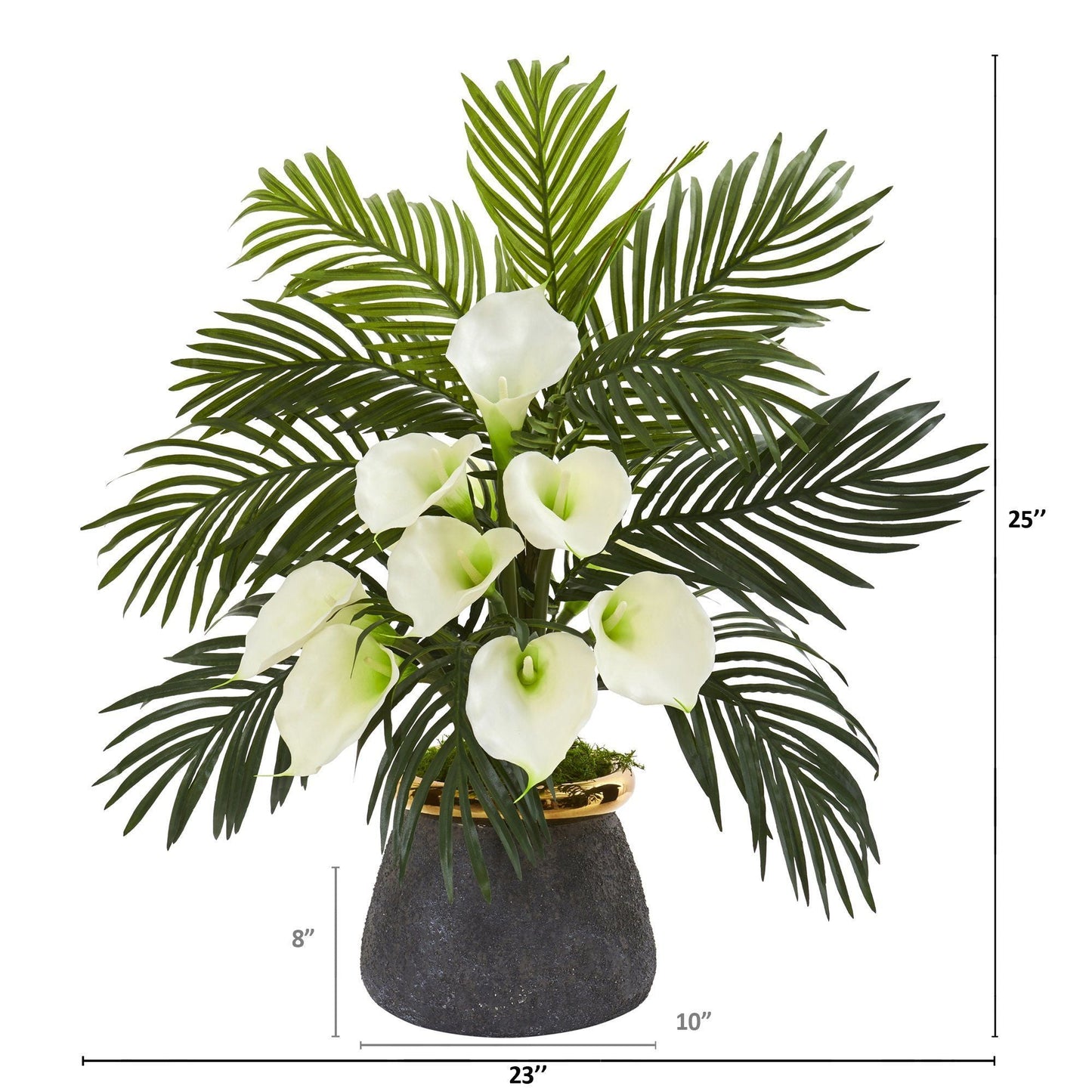 25” Calla Lilly and Areca Palm Arrangement in Stoneware Vase