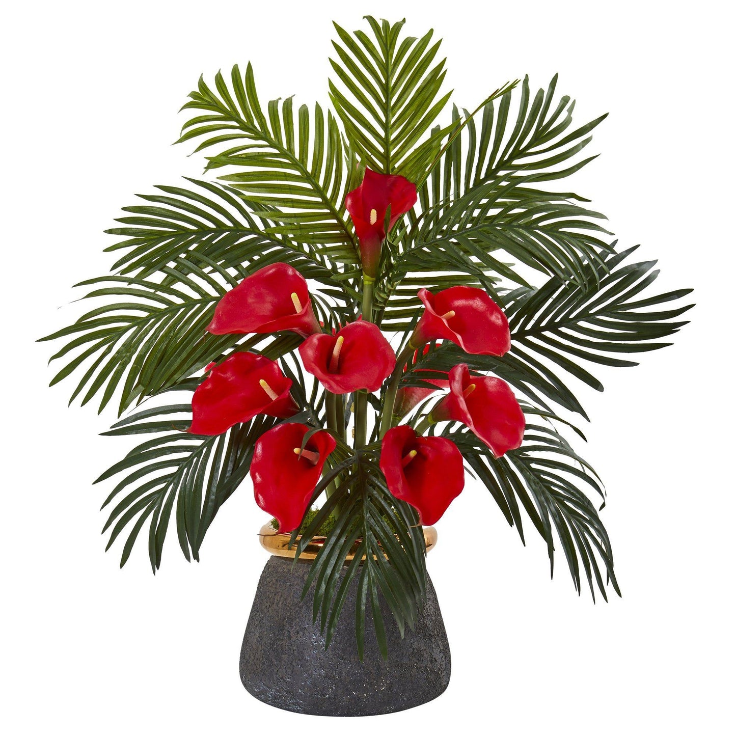 25” Calla Lilly and Areca Palm Arrangement in Stoneware Vase