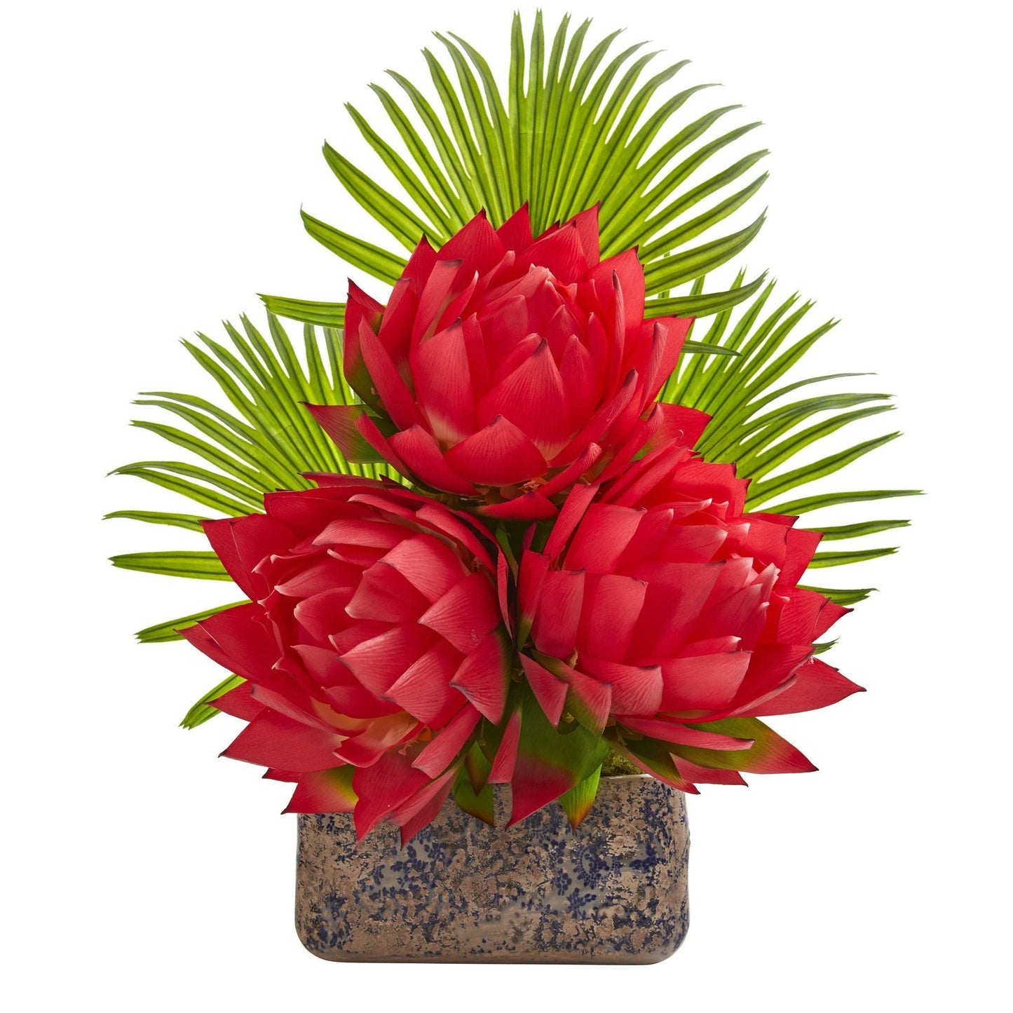 25” Musella and Fan Palm Artificial Arrangement in Vintage Vase