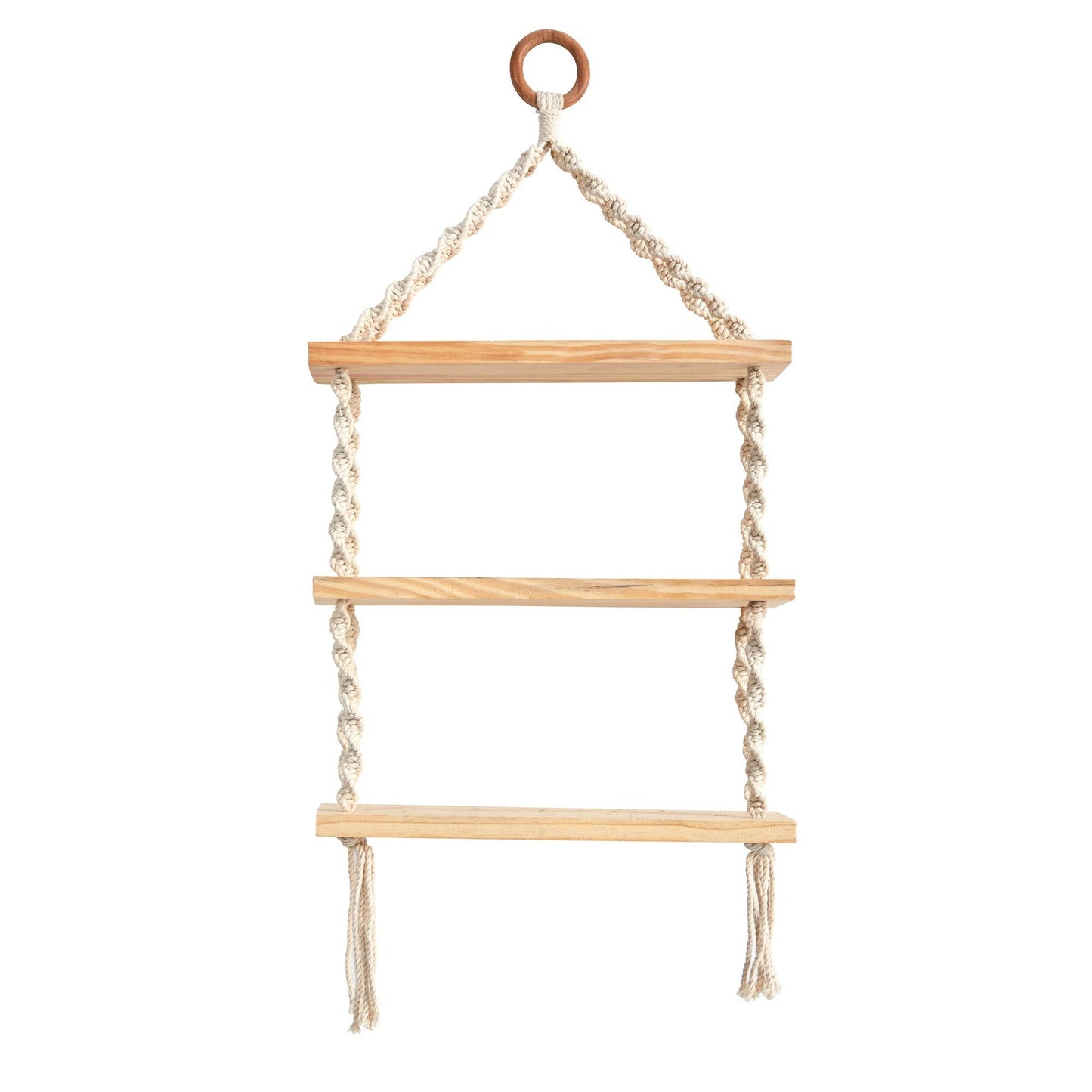 2.5’ x 1’ Three Tier Handmade Boho Macrame Wall Hanging with Wooden Shelf