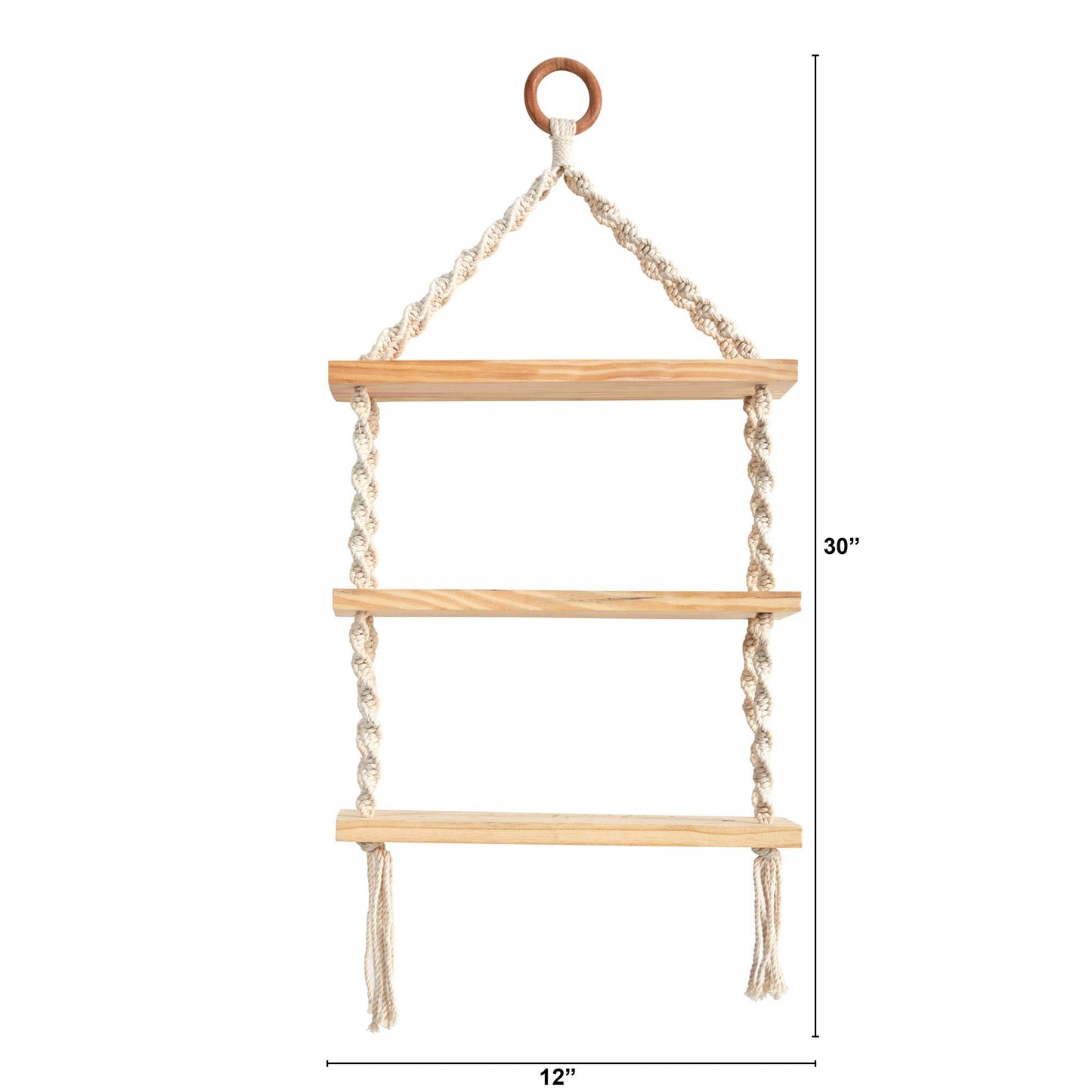 2.5’ x 1’ Three Tier Handmade Boho Macrame Wall Hanging with Wooden Shelf