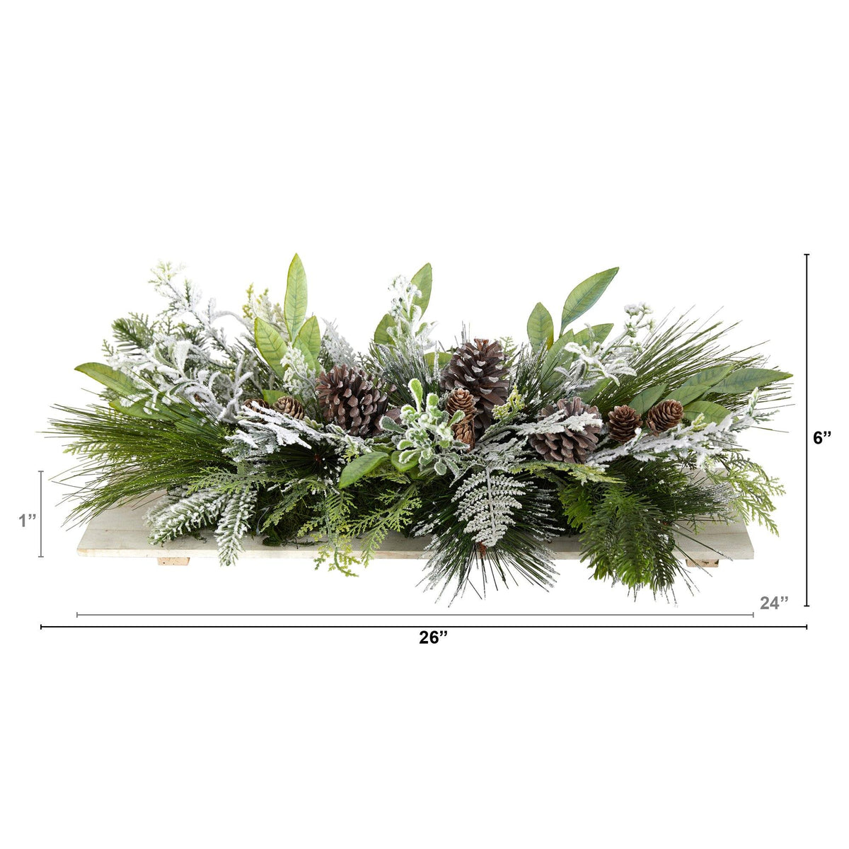 a green and white arrangement with pine cones and leaves
