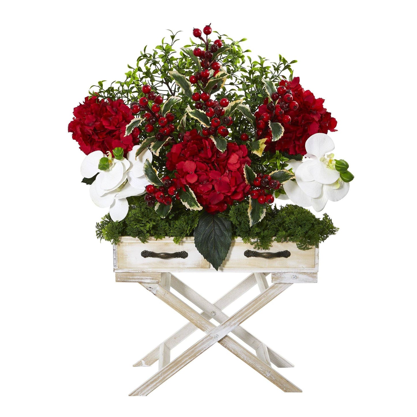 26” Hydrangea, Phalaenopsis Orchid and Holly Berry Artificial Arrangement in Drawer Planter