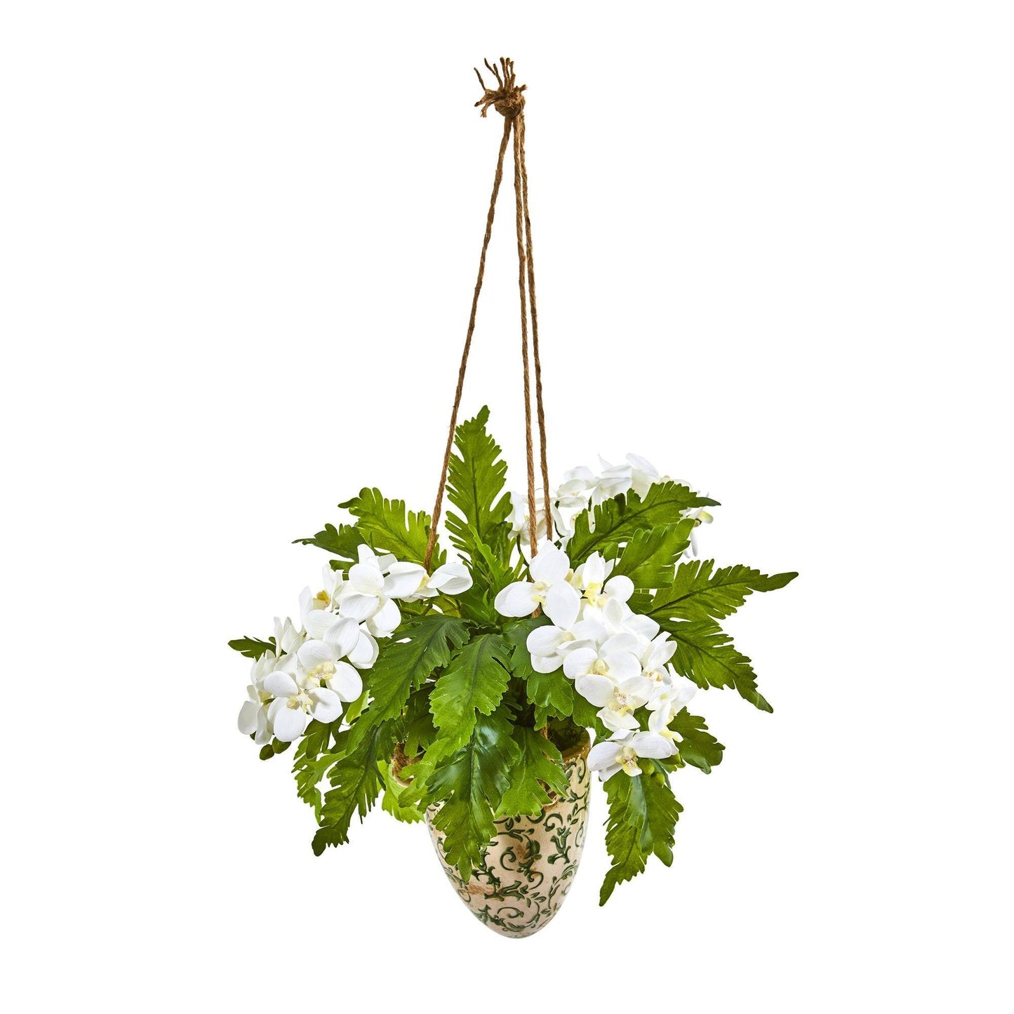 26” Phalaenopsis Orchid and Fern Plant in Hanging Vase