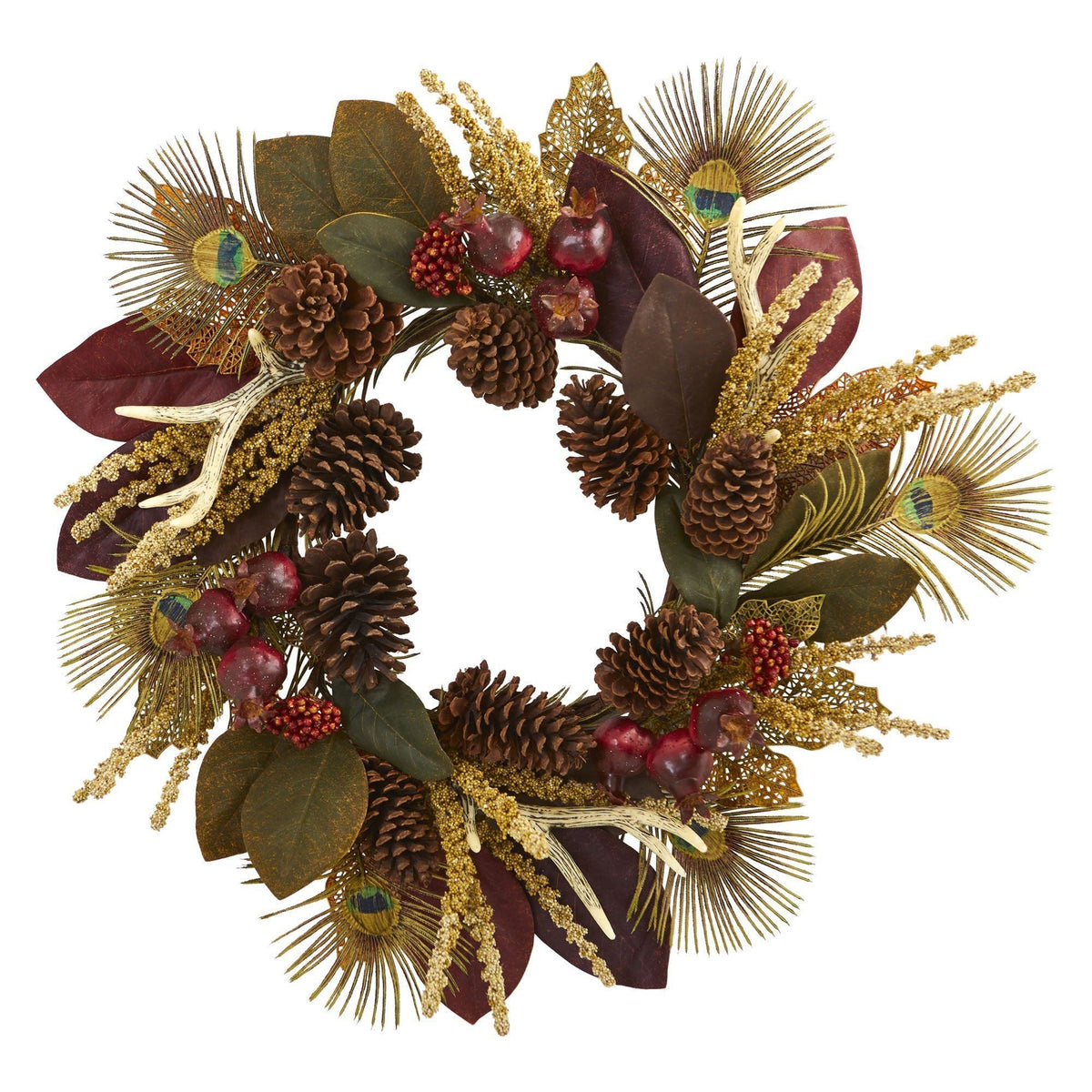 a wreath with pine cones and feathers
