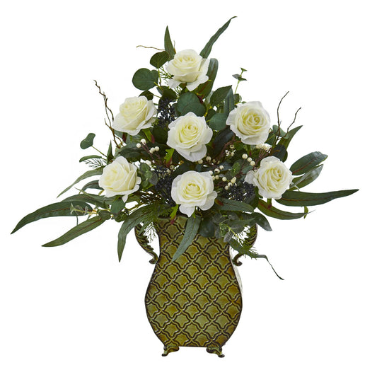 27” Rose and Eucalyptus Artificial Plant in Metal Planter