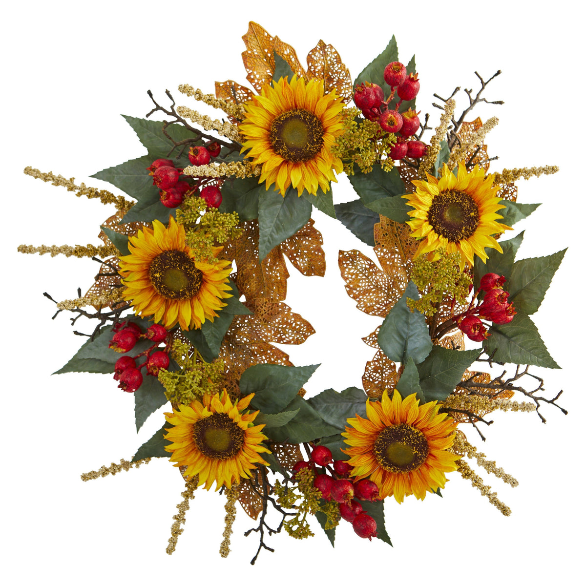a wreath of sunflowers and berries