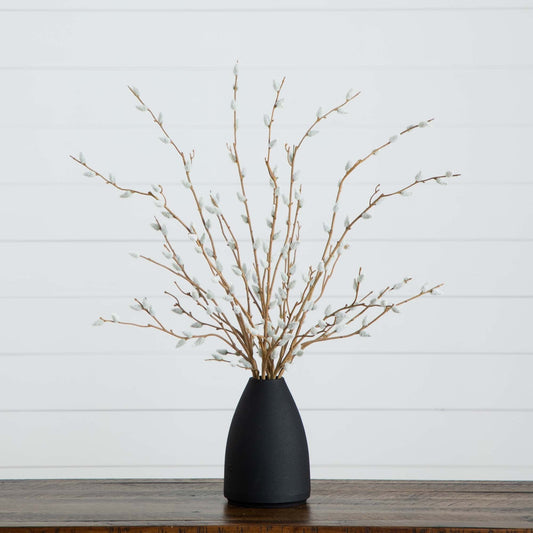 28” Artificial Pussy Willow Arrangement in Modern Metal Black Vase