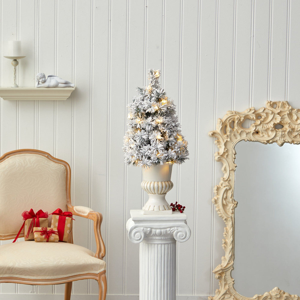 28” Flocked Artificial Christmas Tree with 30 Clear LED Lights in White Urn