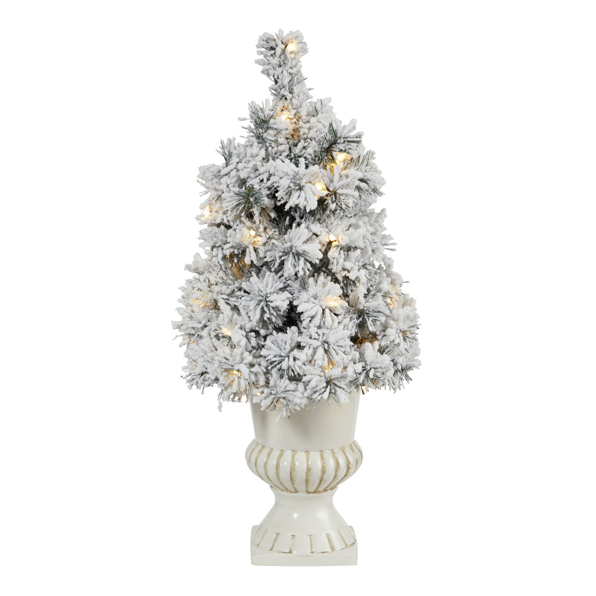 28” Flocked Artificial Christmas Tree with 30 Clear LED Lights in White Urn