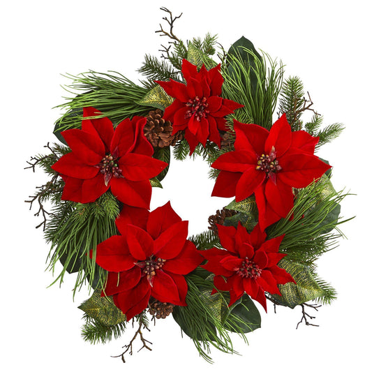 a wreath with red flowers and green leaves