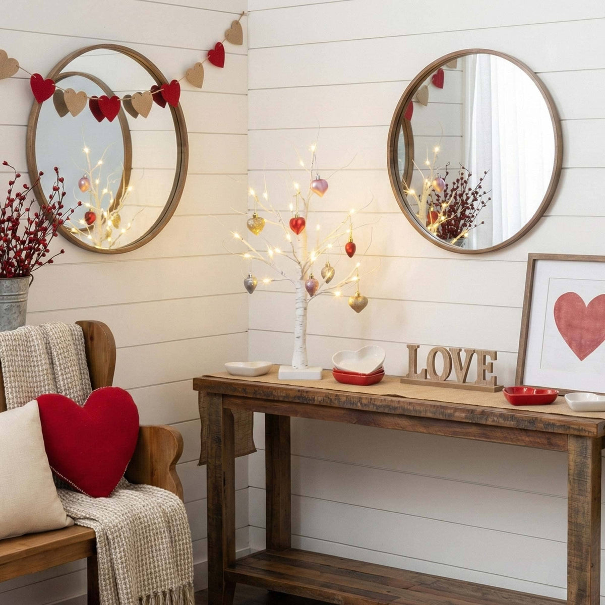 a table with a bench and a mirror on it