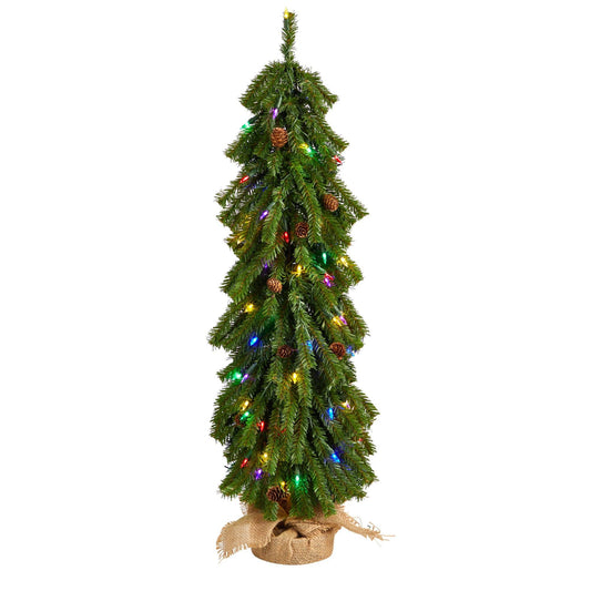3’ Artificial Christmas Tree with Pinecones and 50 Multicolored Lights Set in a Burlap Base