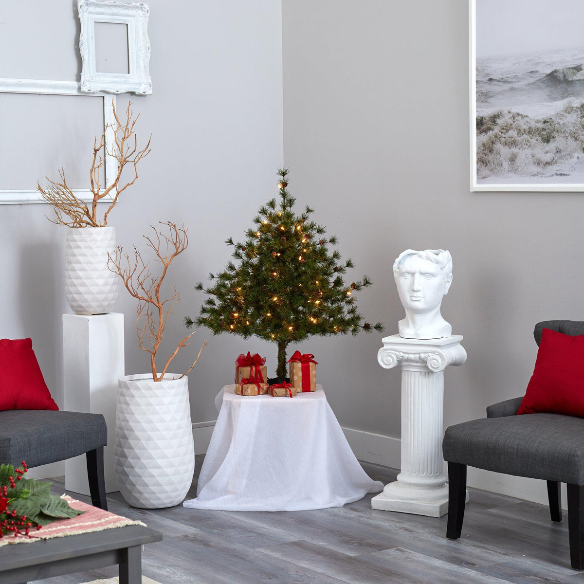 a christmas tree in a room