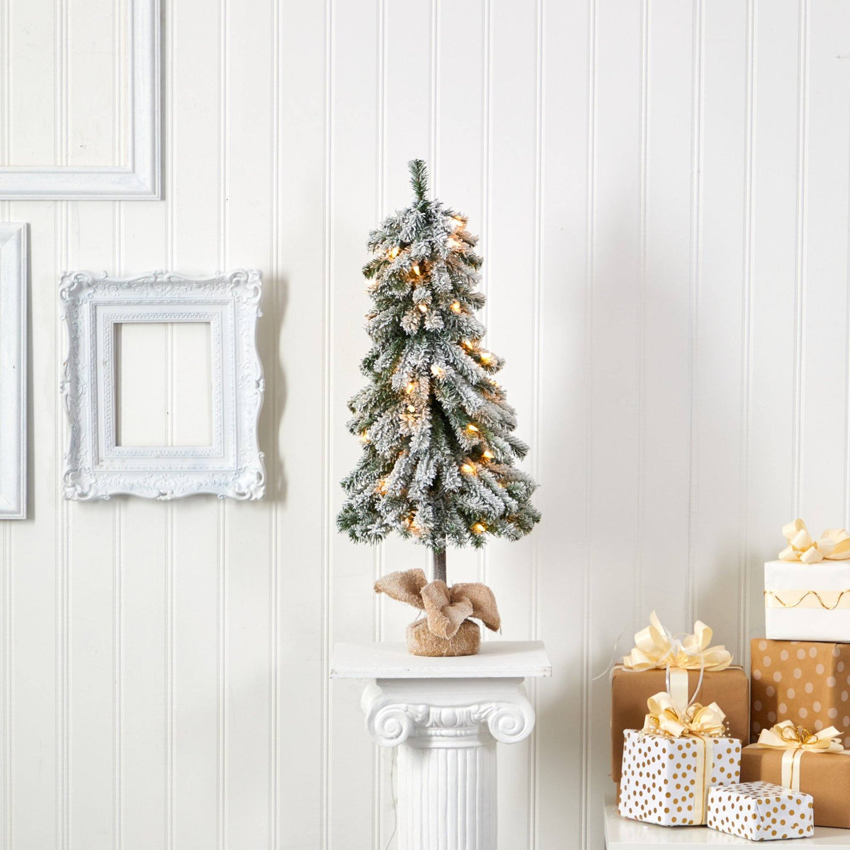 3’ Flocked Alpine Artificial Christmas Tree with 50 Lights, 177 Bendable Branches and a Burlap Planter