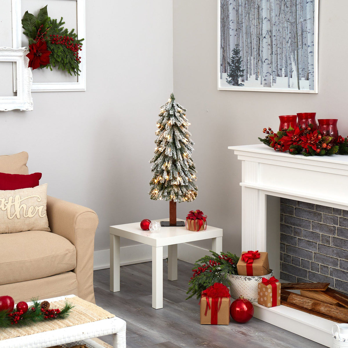 a living room with a christmas tree and presents