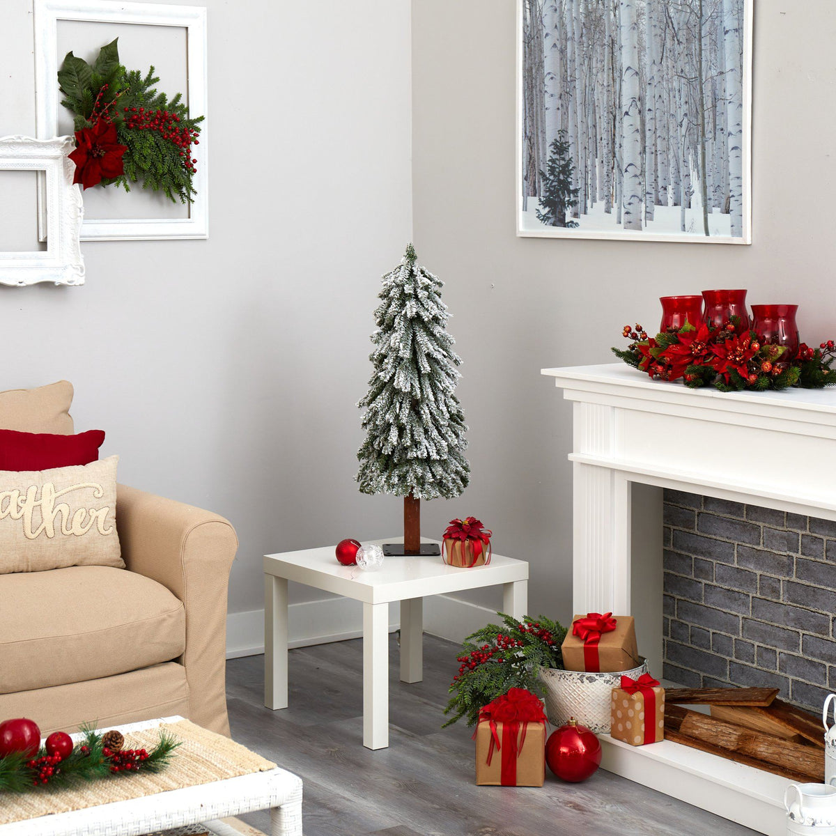 a living room with a fireplace and christmas decorations