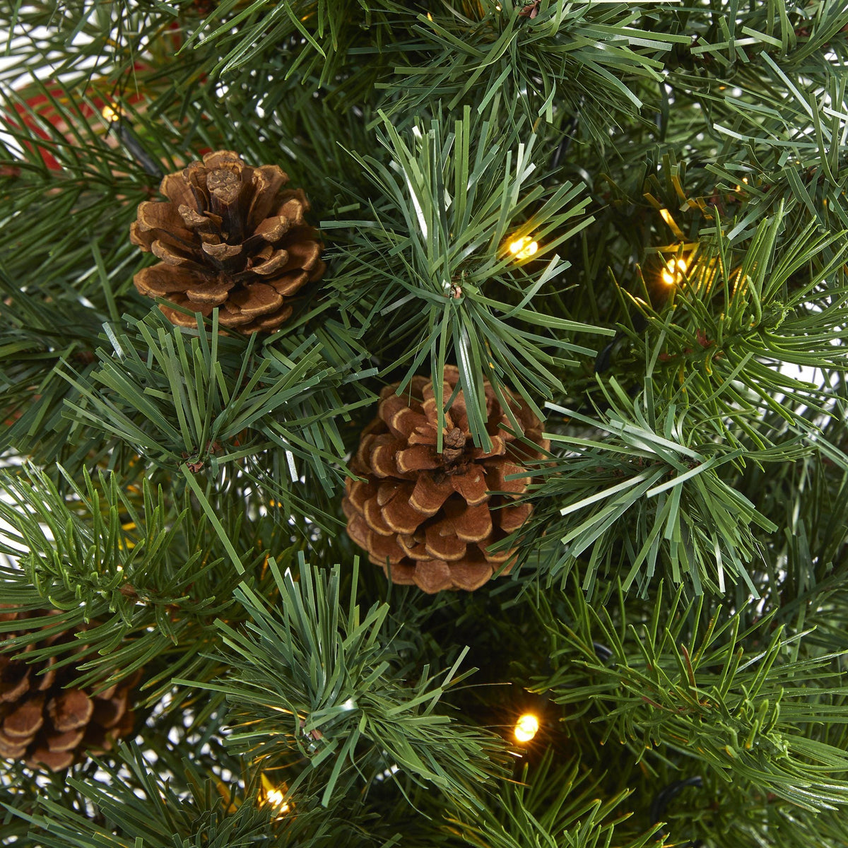 a pinecones and lights on a tree