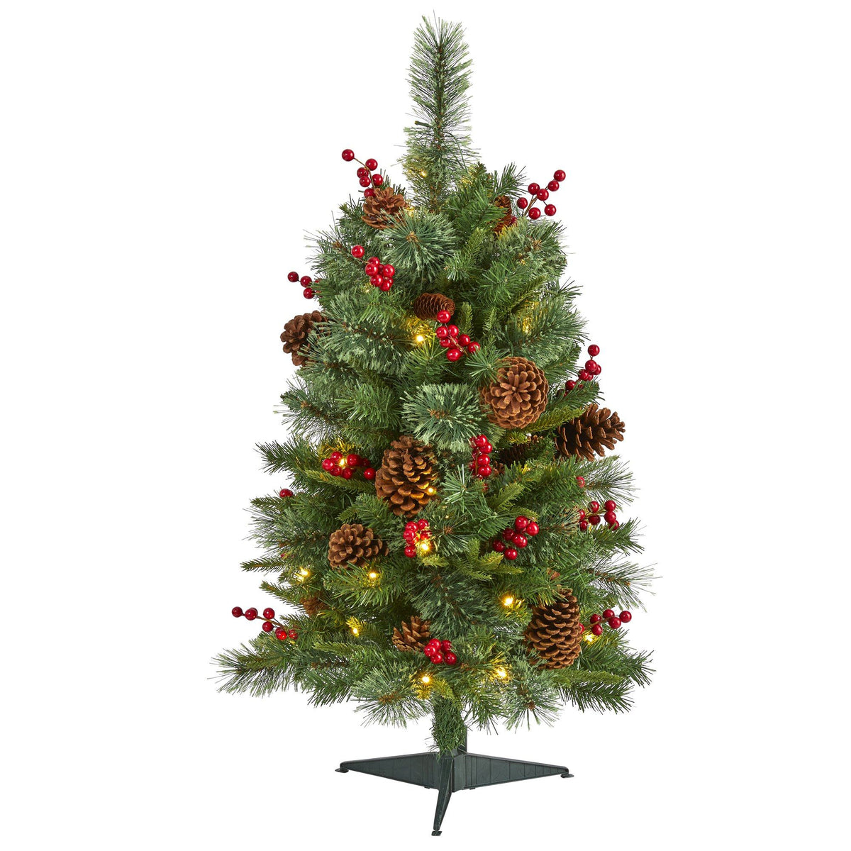 a christmas tree with lights and pine cones