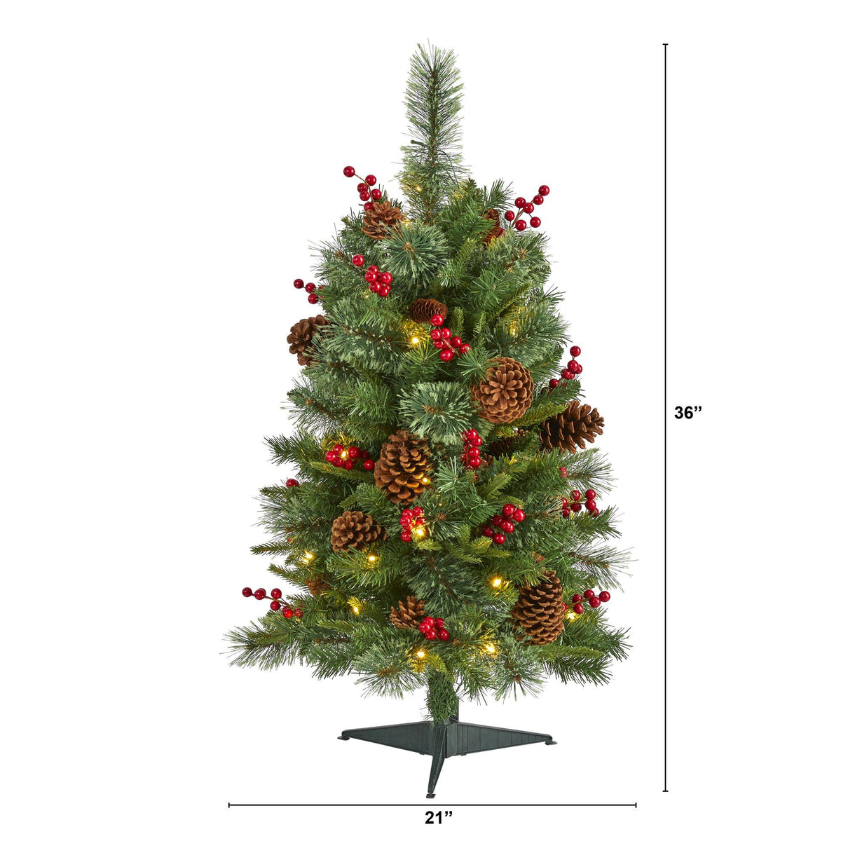 a small christmas tree with lights and pine cones
