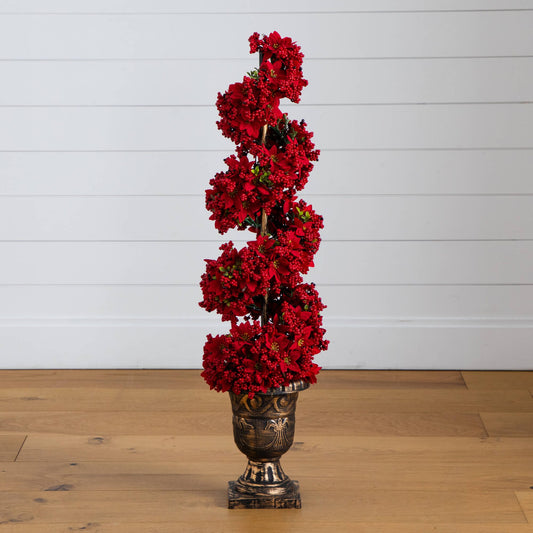 3' Pre-Lit Artificial Christmas Poinsettias and Berries Spiral Topiary Tree with 30 Warm White LED Lights
