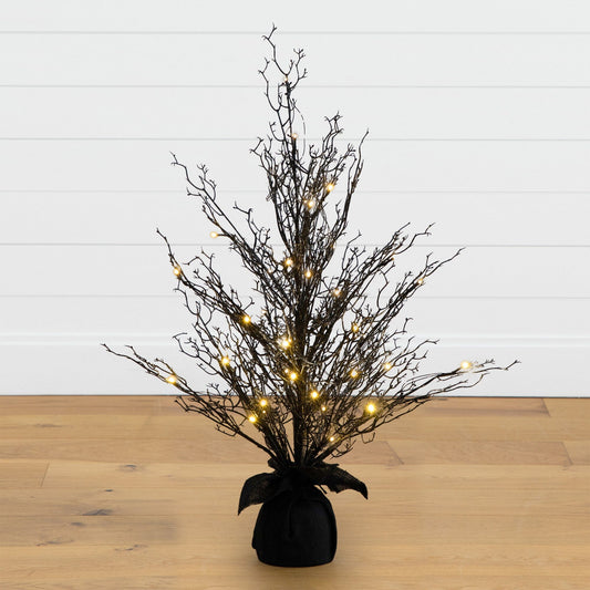 3’ Pre-Lit Halloween Black Twig Artificial Fall Tree in Burlap Planter with 42 Warm White LED Lights