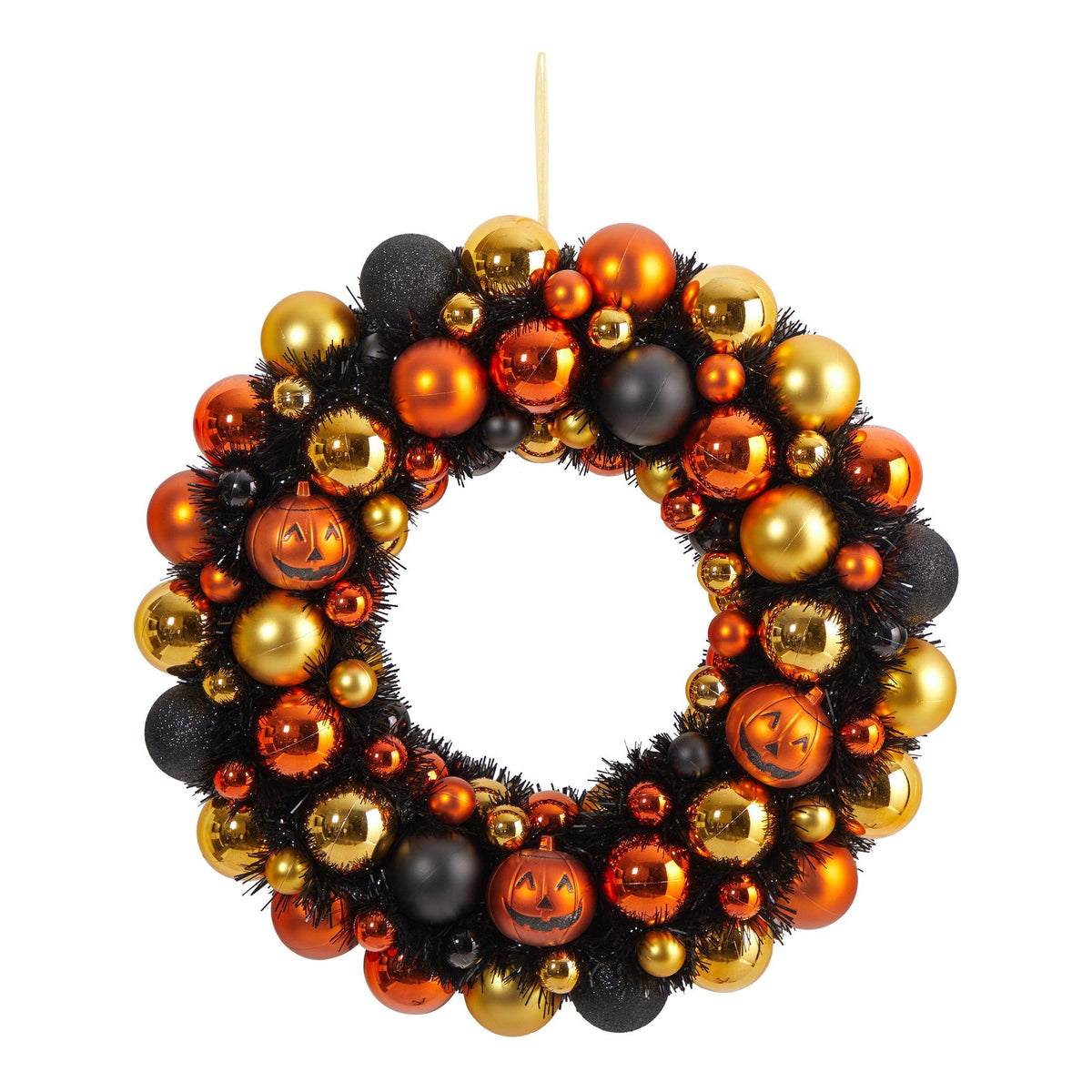 a wreath made of orange and black balls