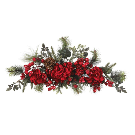 a red flowers and pinecones