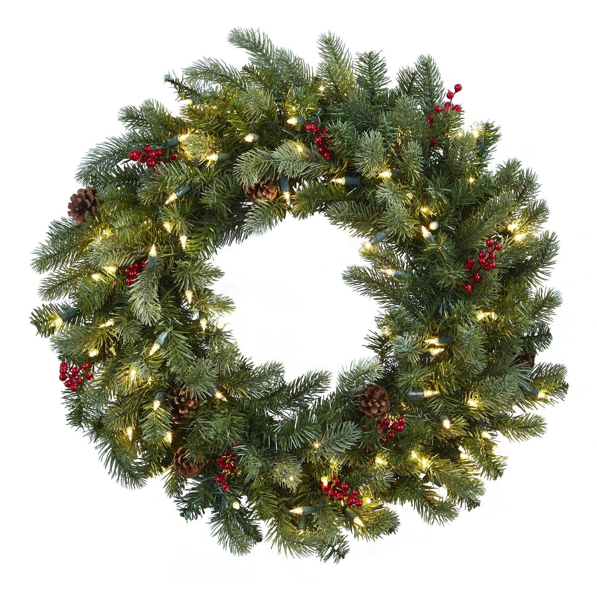 a wreath with lights and pine cones