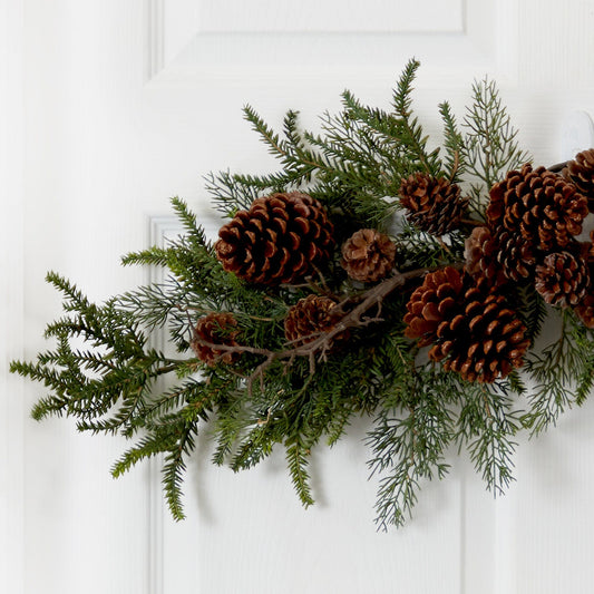 a pinecones and evergreen branches on a white door