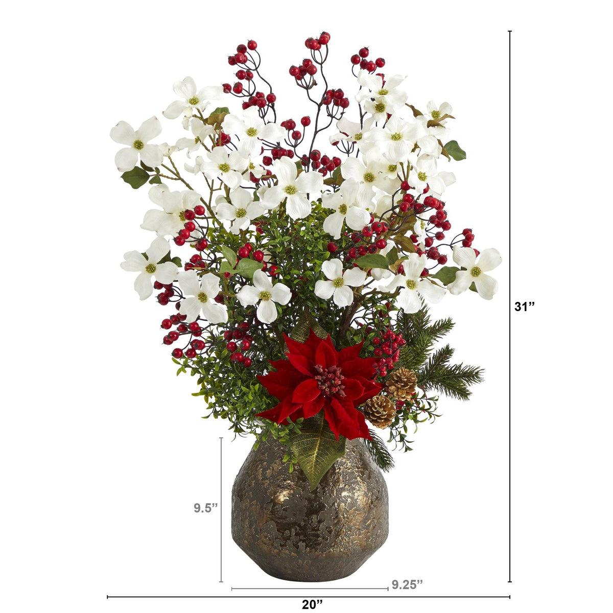 31” Poinsettia, Dogwood and Berry Artificial Arrangement in Designer Vase