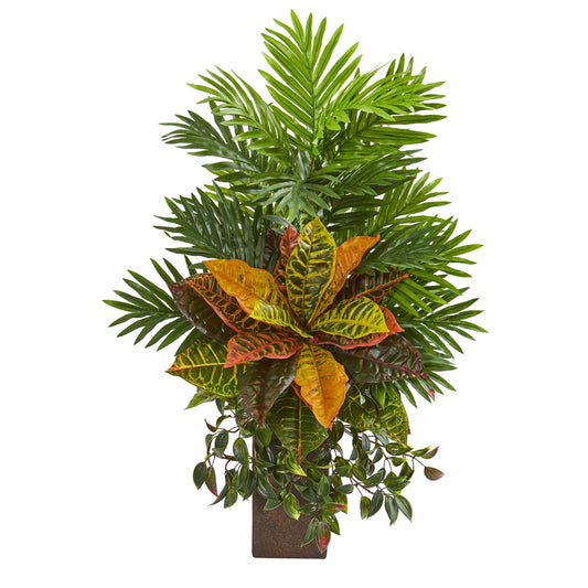32” Areca Palm and Croton Artificial Plant in Weathered Vase