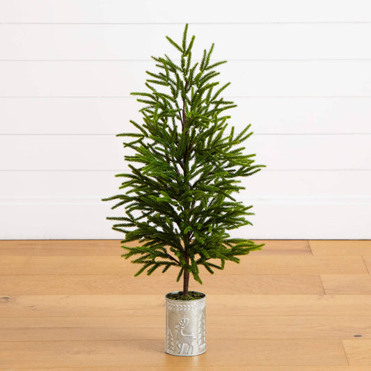 32" Artificial Real Touch Norfolk Island Pine in Christmas Tin Metal Planter with Natural Look
