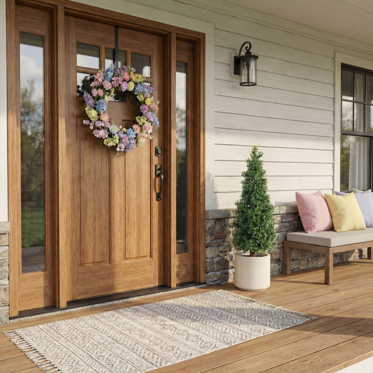 a front door of a house with a wreath on the front door