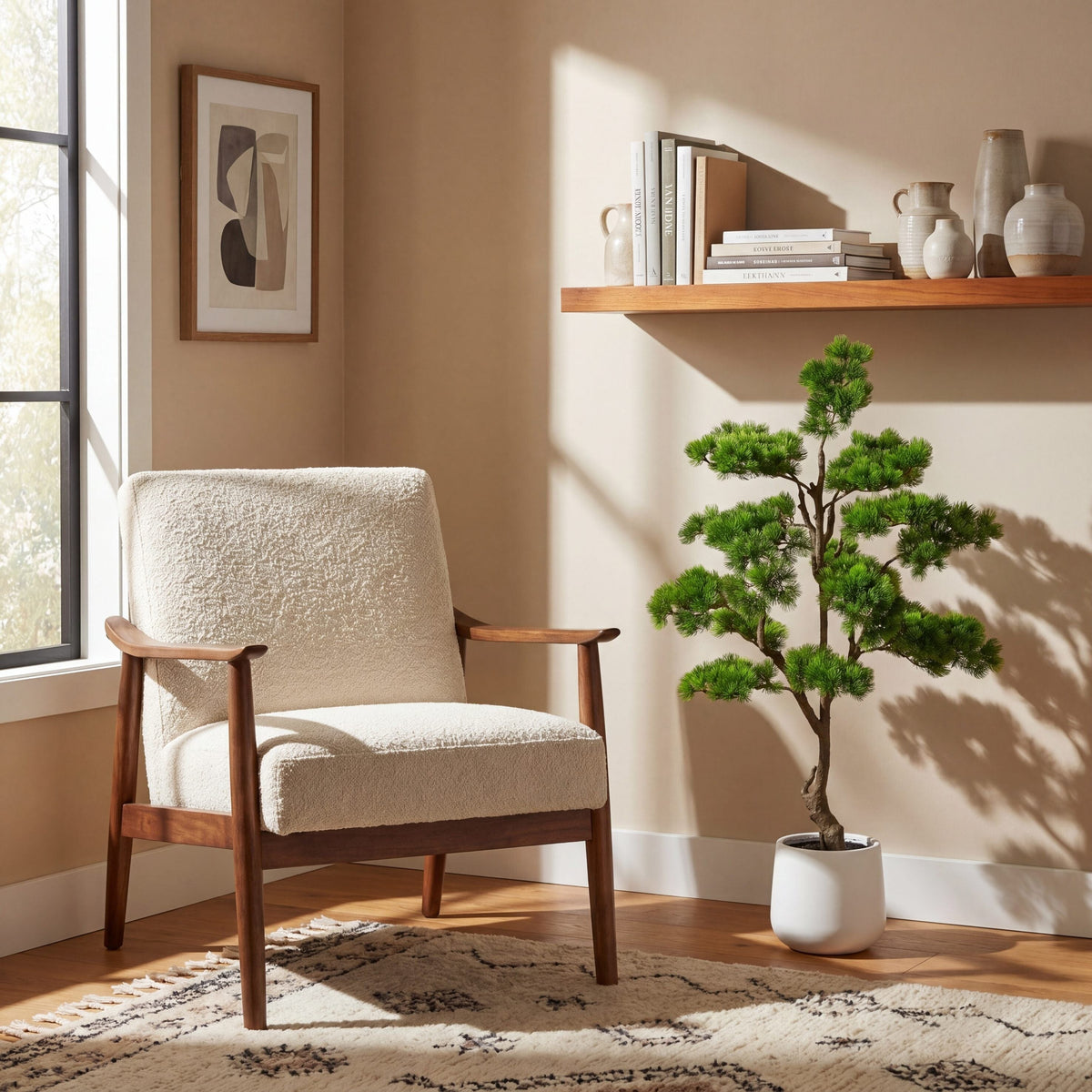 a chair in a room with a potted plant