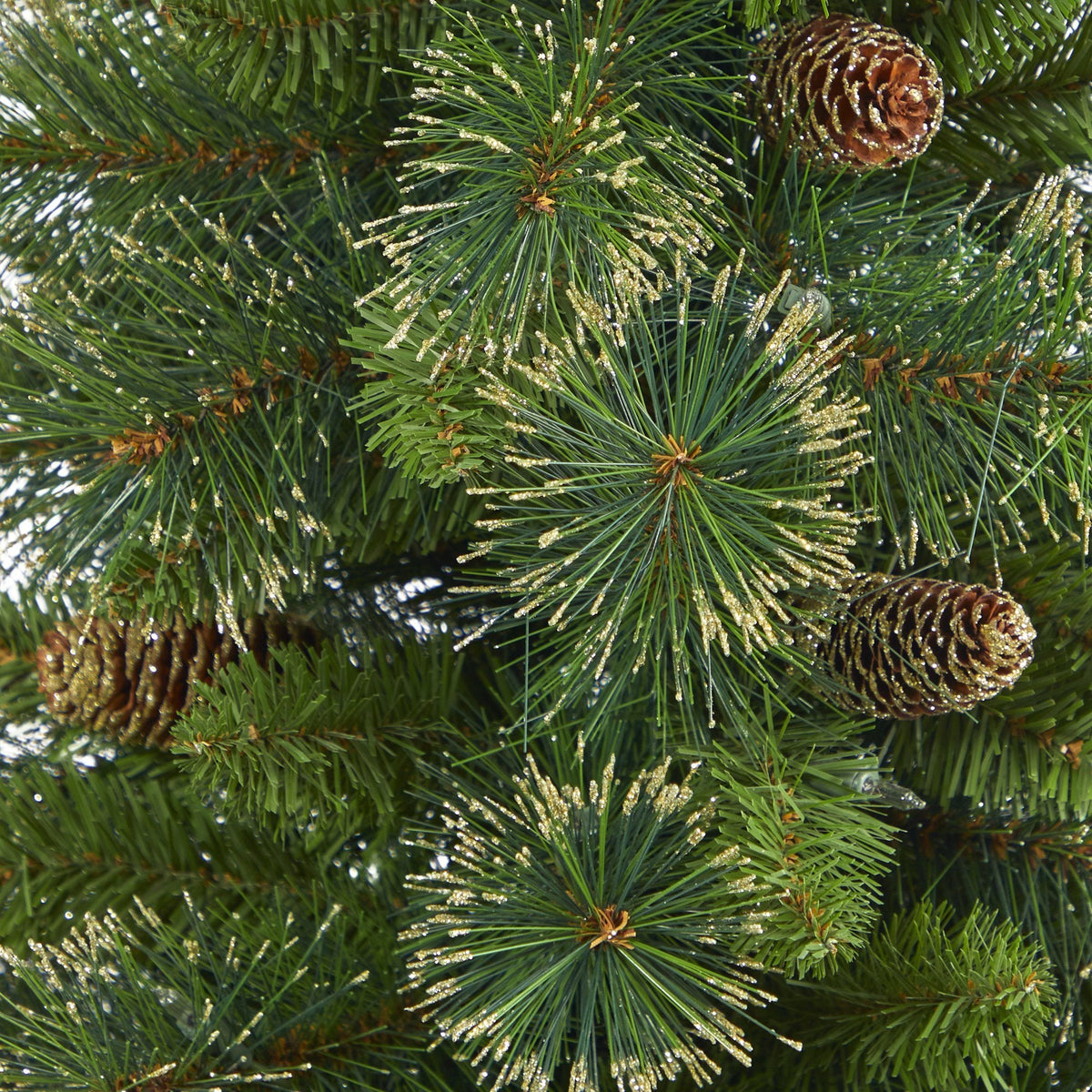3.5’ Golden Tip Washington Pine Artificial Christmas Tree with 50 Clear Lights, Pine Cones and 148 Bendable Branches in Black Metal Planter